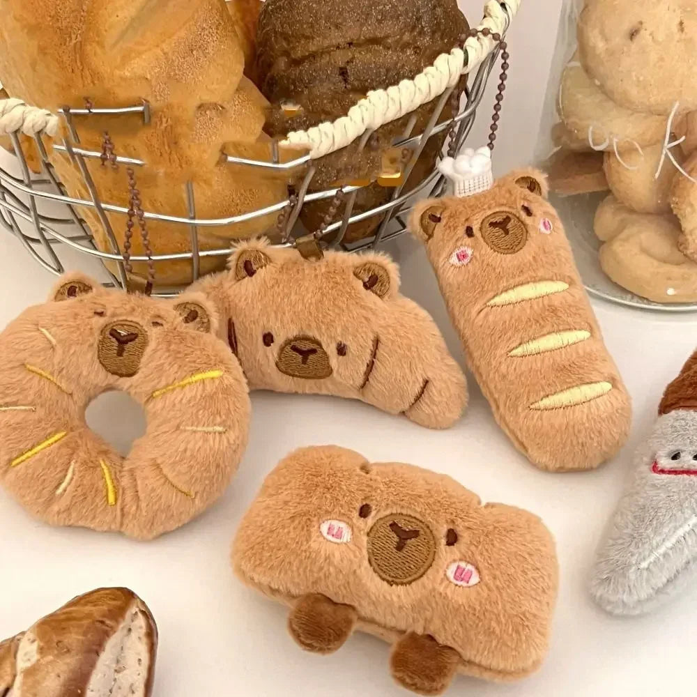 Cartoon Capybara & Croissant Plush Keychain | Soft Bread Food Stuffed Hanging Accessory