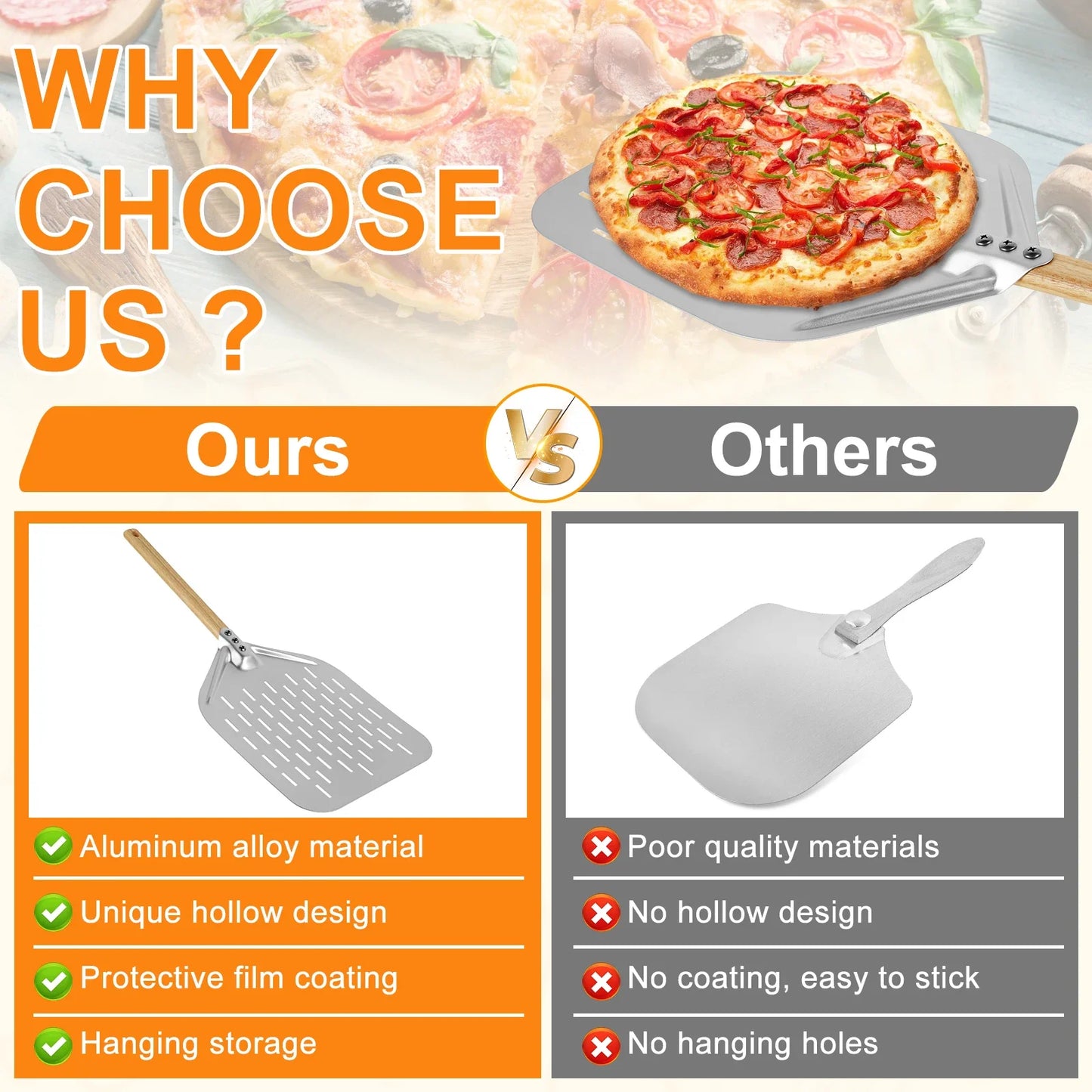 Metal Pizza Peel with Wood Handle | 6.5–12 inch Non-Stick Pizza Shovel & Cake Lifter for Home Baking