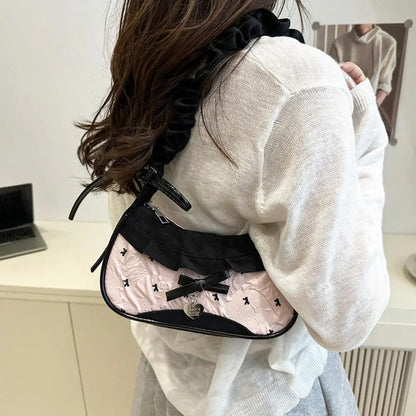 Women's Fashion Grid Shoulder Bag | Lace Ribbon Strap Underarm Handbag for Daily Commuting & Students