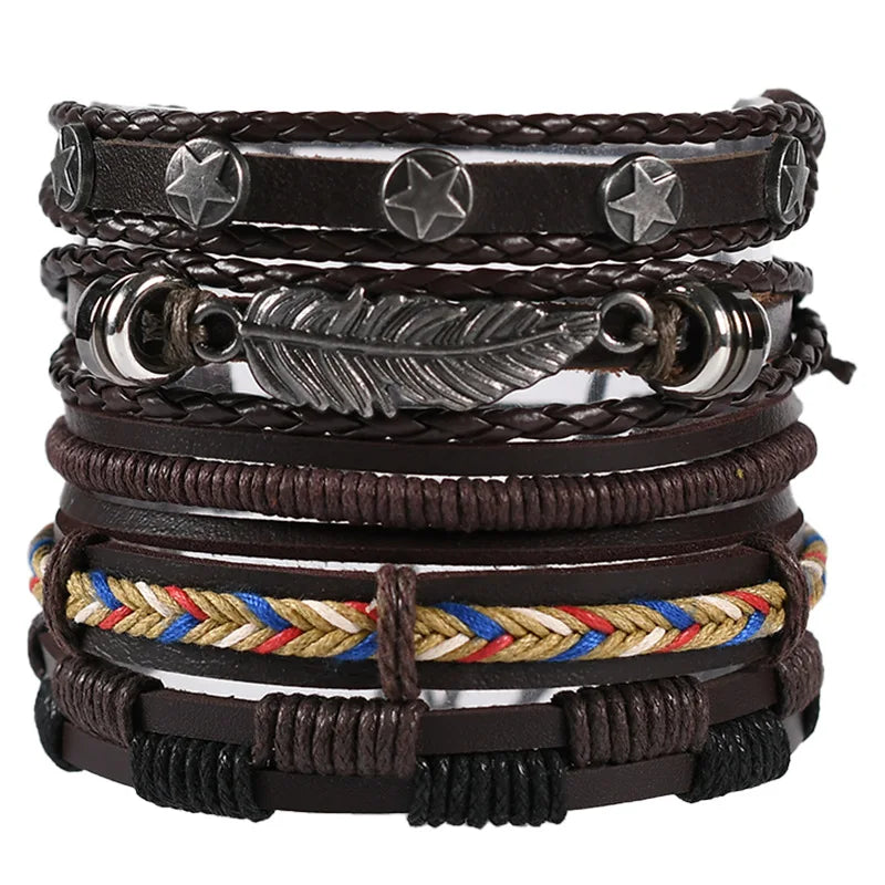 Men's Viking Leather Bracelet Woven Skull Adjustable Cuff