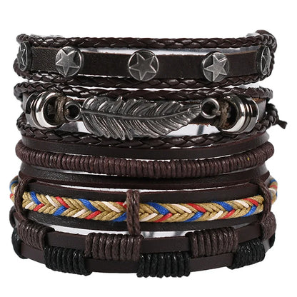 Men's Viking Leather Bracelet Woven Skull Adjustable Cuff