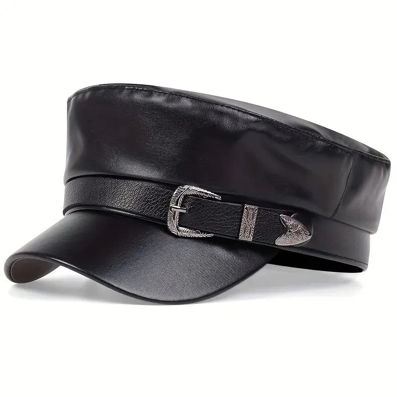 Unisex Large Belt Buckle Leather Beret | Spring Autumn Sailor Flat Top Military Cap for Men & Women