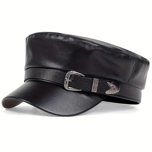 Unisex Large Belt Buckle Leather Beret | Spring Autumn Sailor Flat Top Military Cap for Men & Women