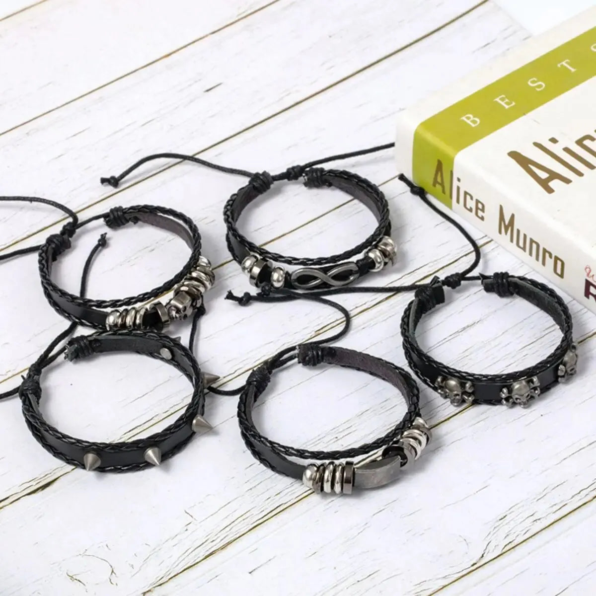 Punk Skull & Star Bracelet Set | 6pcs Unisex Alloy & PU Leather Chain Bracelets
