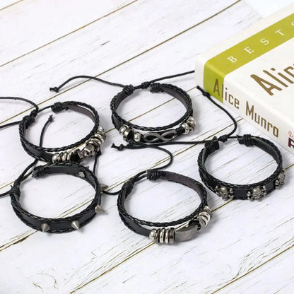 Punk Skull & Star Bracelet Set | 6pcs Unisex Alloy & PU Leather Chain Bracelets