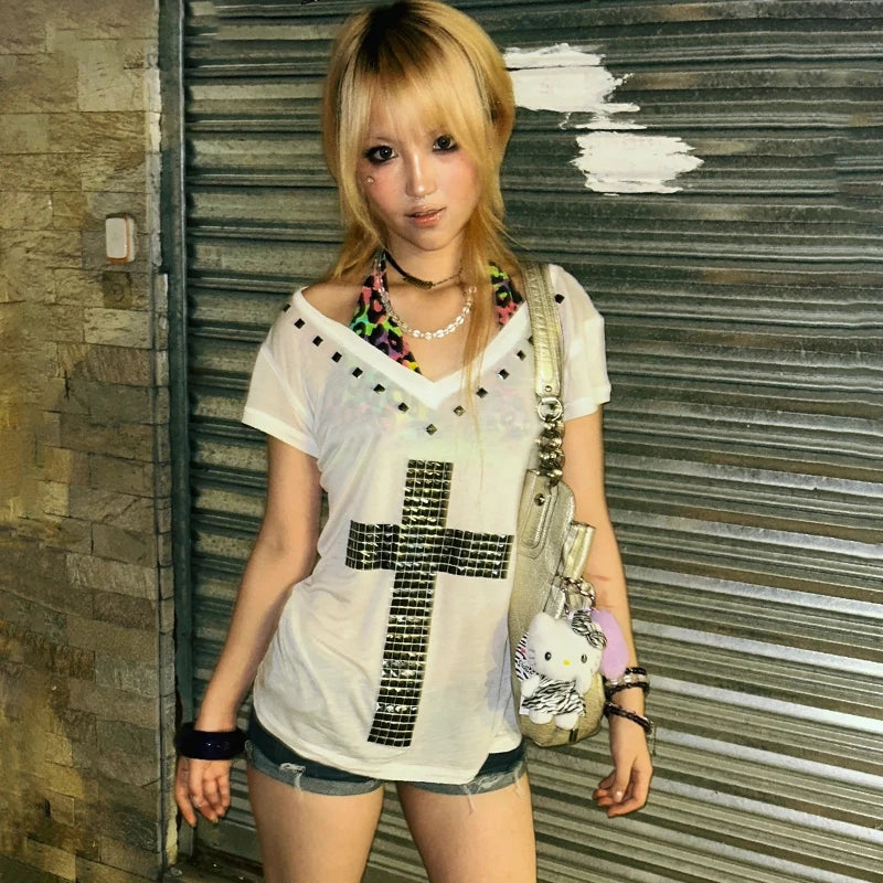 Women's Japanese Y2K Metal Cross Print T-Shirt | Harajuku Sheer Short Sleeve Streetwear Grunge Top