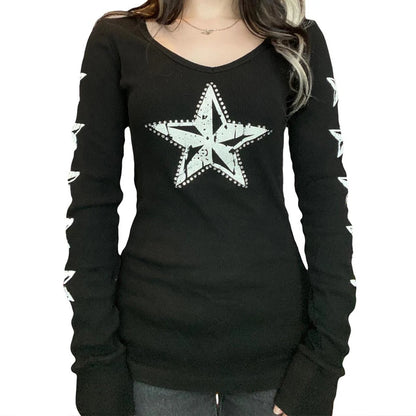 Women's Y2K Grunge Skull Graphic Thermal T-Shirt | 90s Vintage Aesthetic Long Sleeve Pullover Top