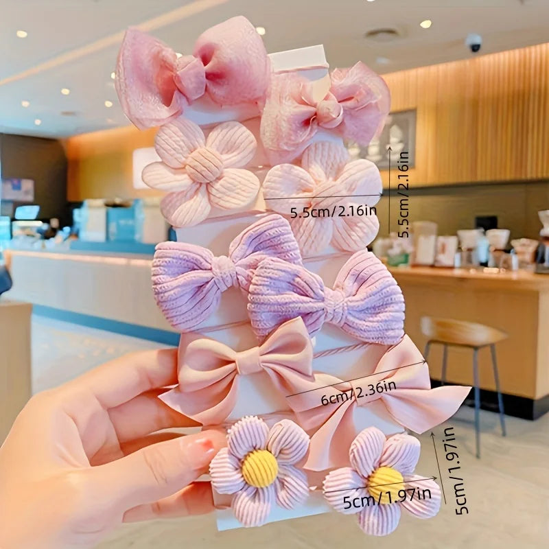 Girls' Bow & Flower Hair Ties | 10pcs Strong Elastic Ponytail Accessories That Won't Damage Hair