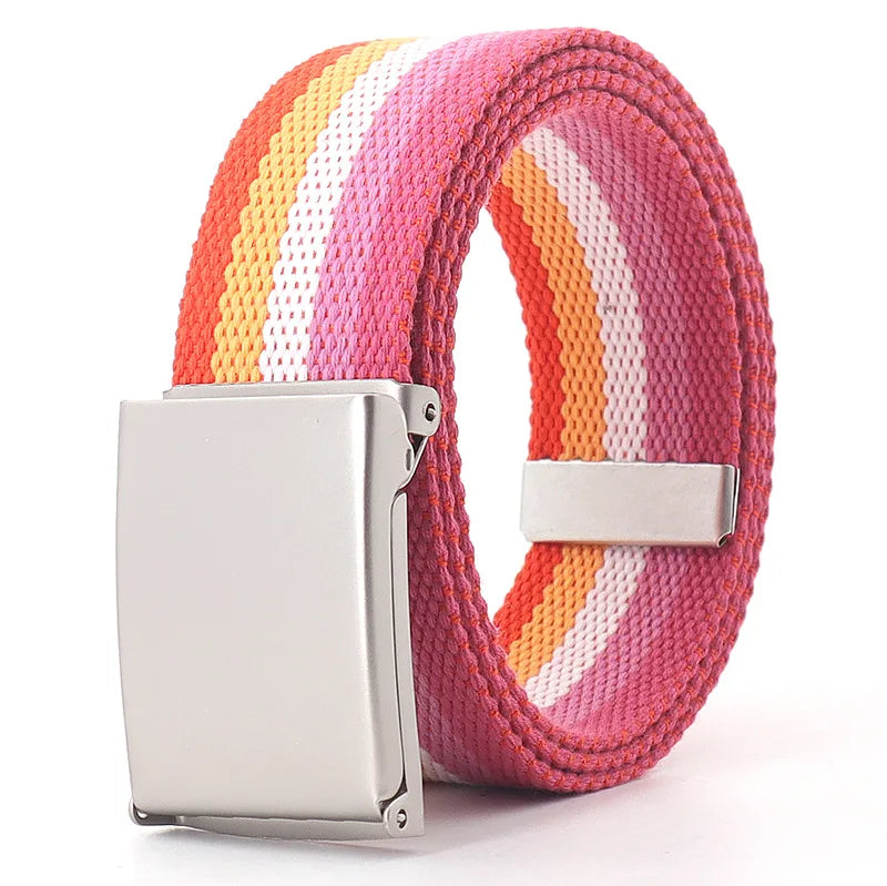 Colorful Striped Canvas Belt – Unisex Military Buckle Waistband (3.8cm x 120cm)