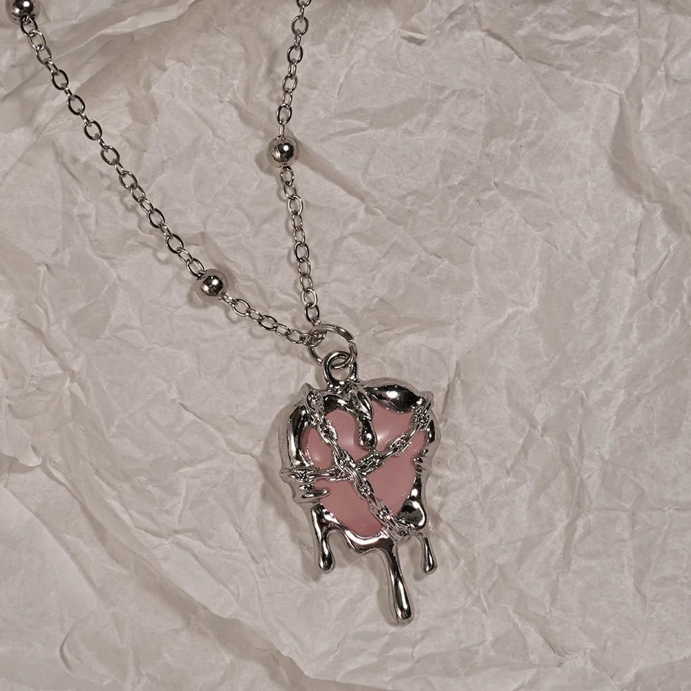 Y2K Rhinestone Heart and Cross Pendant Necklace for Women