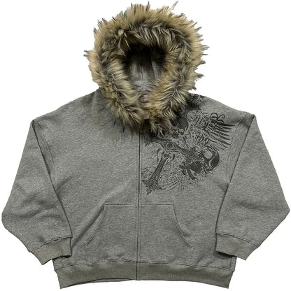 Women's Y2K Faux Fur Collar Pullover Hoodie – Gothic Graphic Sweatshirt