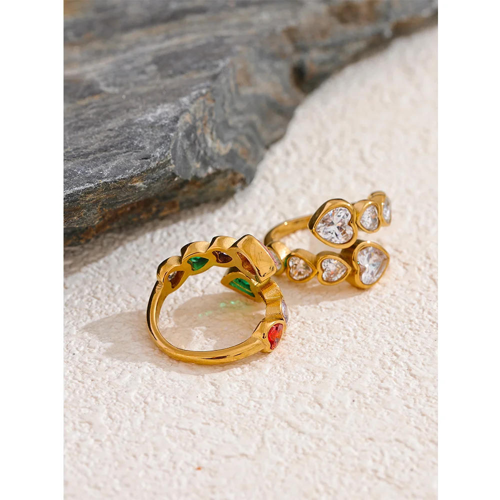 Cubic Zirconia Heart Open Ring in 18K Gold Plated Stainless Steel