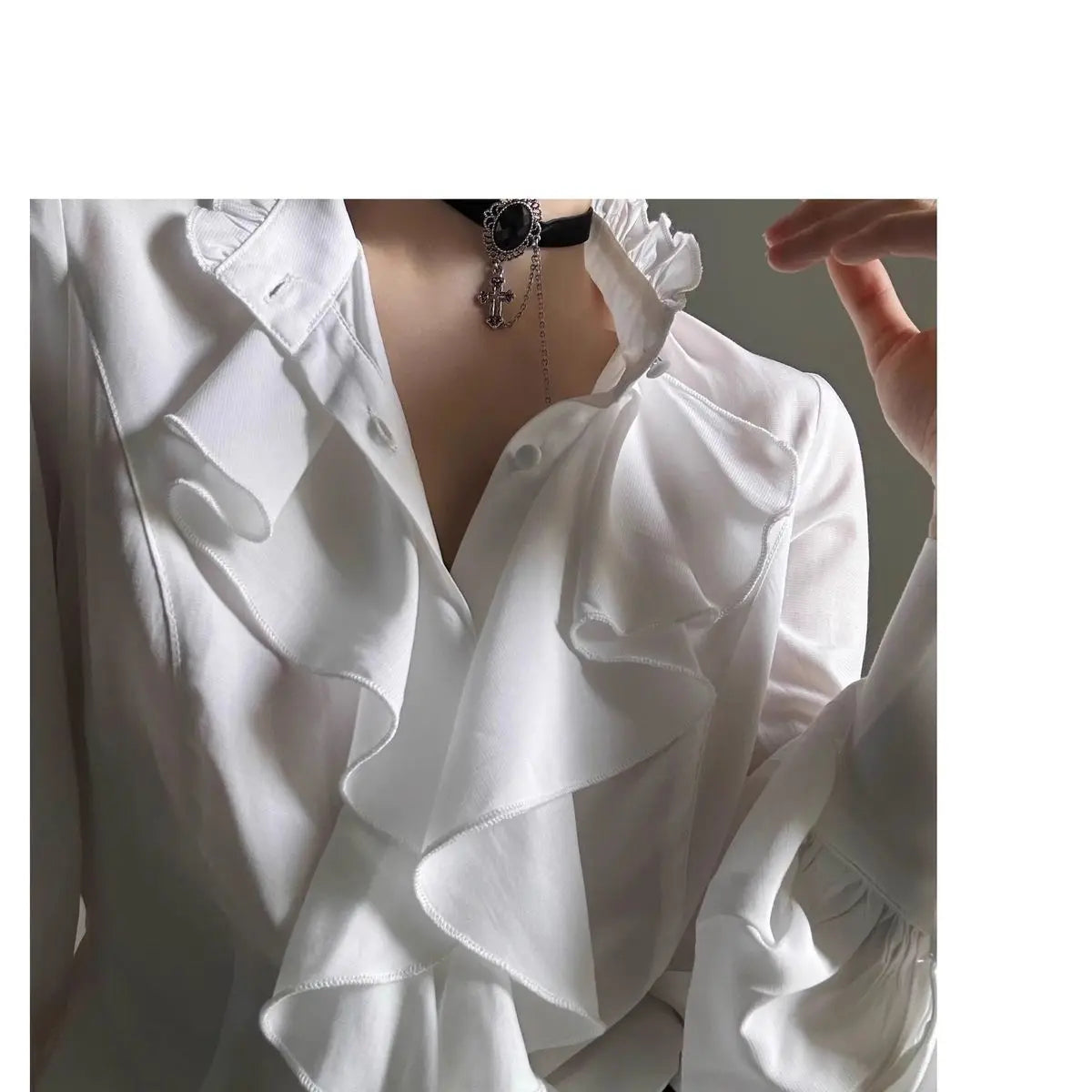 Women's Harajuku Vintage Black Bottoming Shirt | Stand Collar Ruffles Slim Japanese Victorian Long Sleeve Blouse