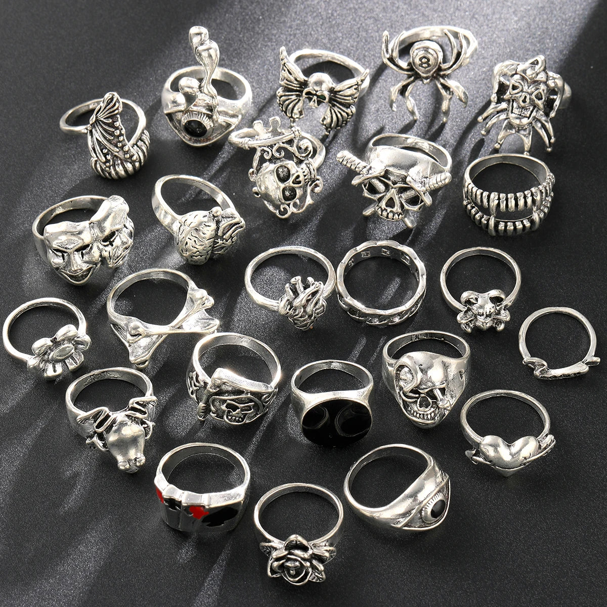 24 Piece Gothic Punk Ring Set for Men Skeleton Butterfly and Frog Jewelry