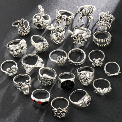 24 Piece Gothic Punk Ring Set for Men Skeleton Butterfly and Frog Jewelry
