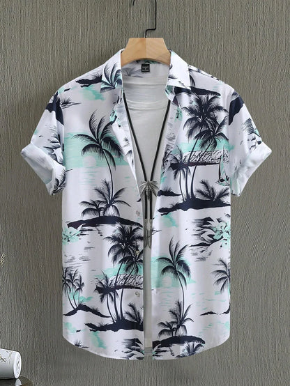 Men’s Tropical Palm Print Shirt – Casual Summer Button-Up Beach Shirt | Hawaiian Shirt Print Casual Thin Beach Slim Fashion Shirt High Quality Luxury Black Social Vintage | Oversized Clothes