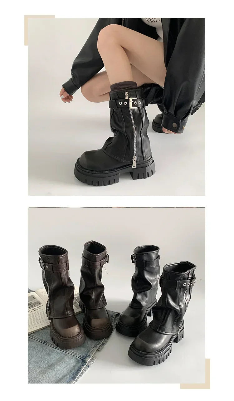 LEDP Women's Platform Biker Boots – Belt Buckle Mid-Calf Zip-Up Winter Boots