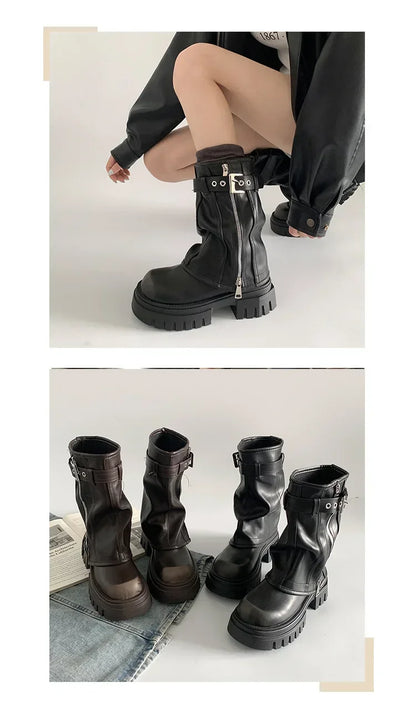 LEDP Women's Platform Biker Boots – Belt Buckle Mid-Calf Zip-Up Winter Boots