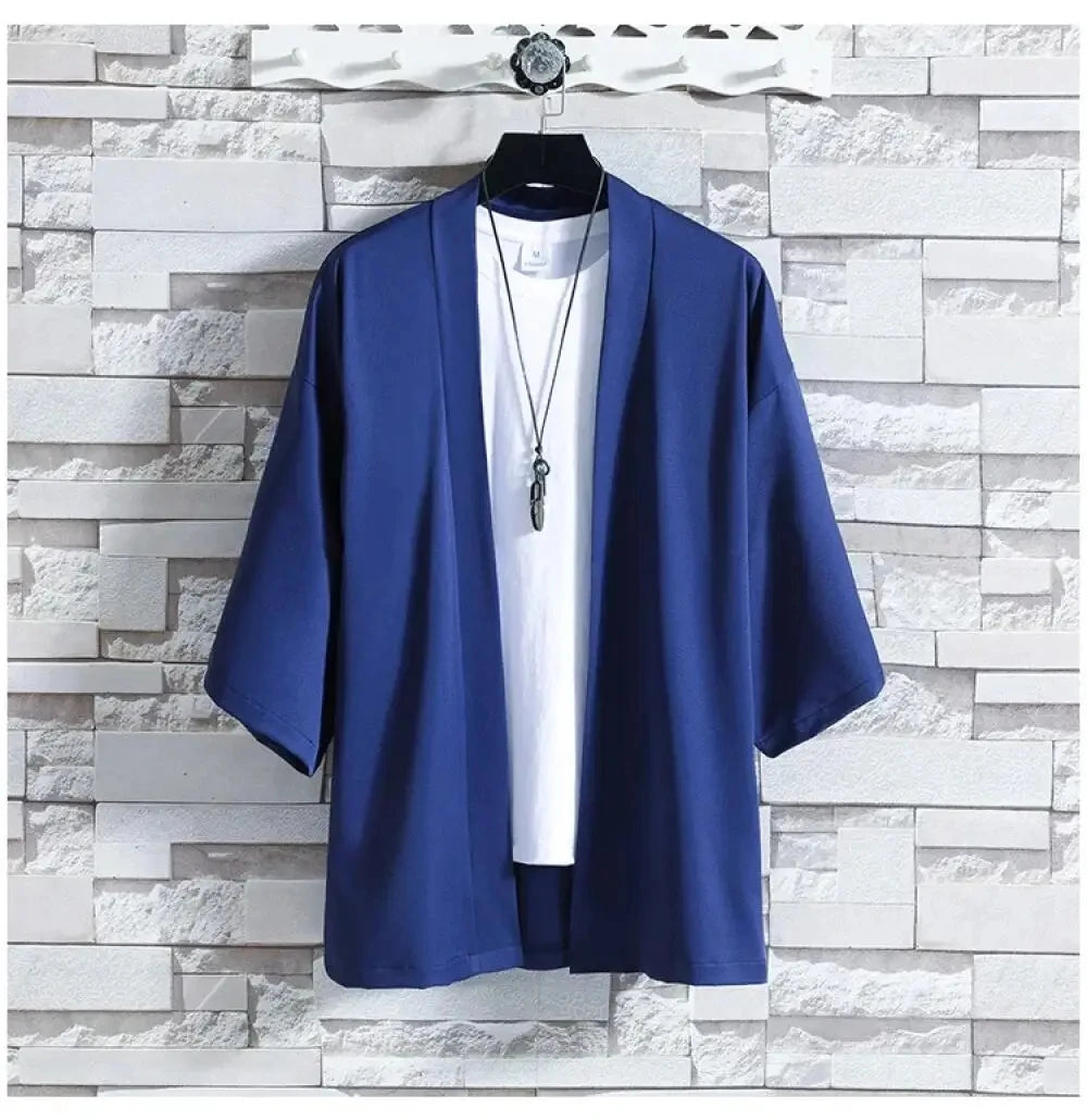 Men's Japanese Kimono Cardigan Shirt – Open Stitch Yukata, 3/4 Sleeve | XS–XXXL