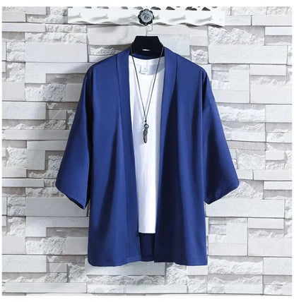 Men's Japanese Kimono Cardigan Shirt – Open Stitch Yukata, 3/4 Sleeve | XS–XXXL