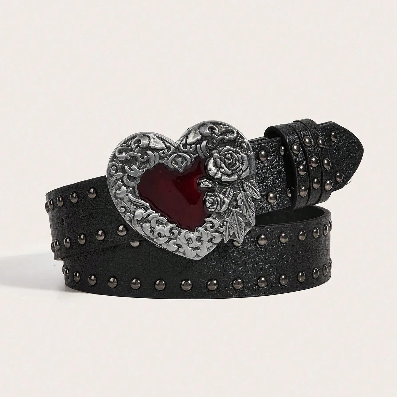 Women's Y2K Punk Gothic Rose Essential Oil Leather Belt | Rivet Heart Drop Spring Summer Waist Accessory
