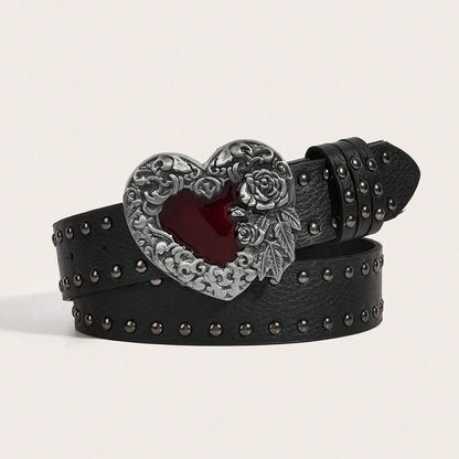 Women's Y2K Punk Gothic Rose Essential Oil Leather Belt | Rivet Heart Drop Spring Summer Waist Accessory