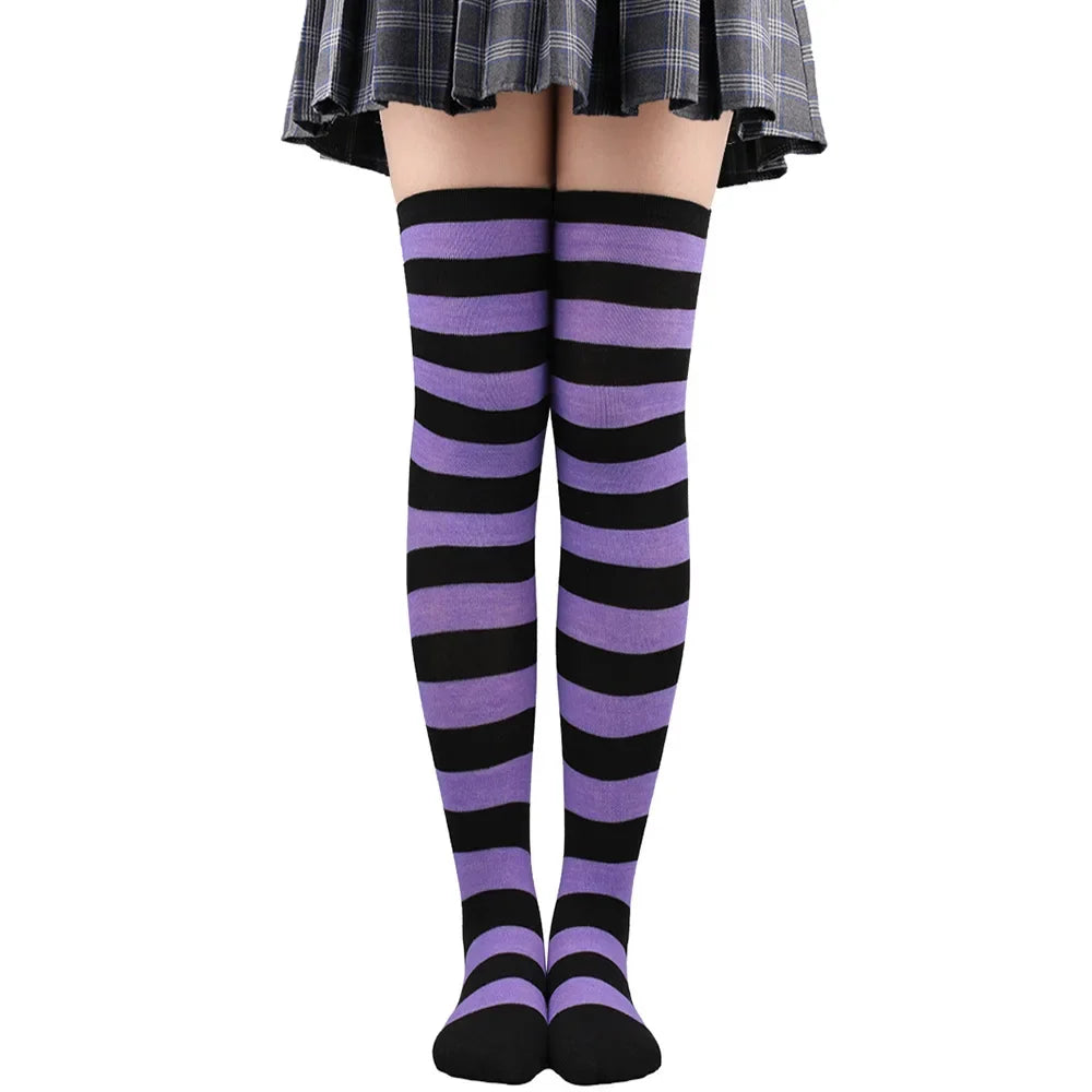 Women's Striped Thigh High Stockings | Black, White & Pink Over-Knee Lolita Harajuku Y2K Socks