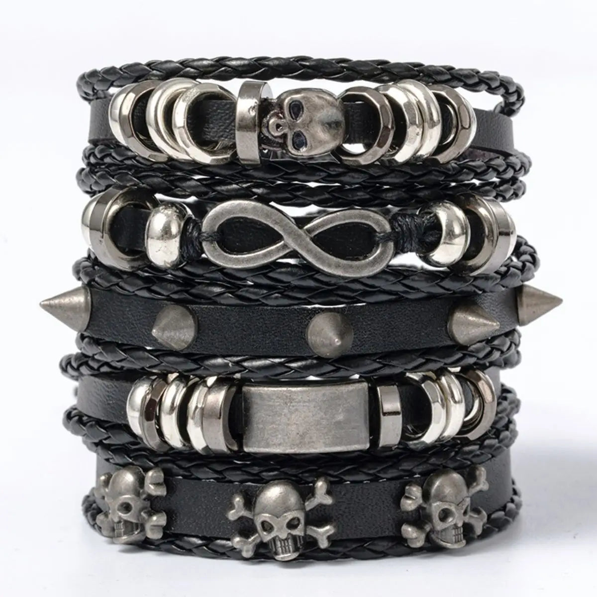 Punk Skull & Star Bracelet Set | 6pcs Unisex Alloy & PU Leather Chain Bracelets