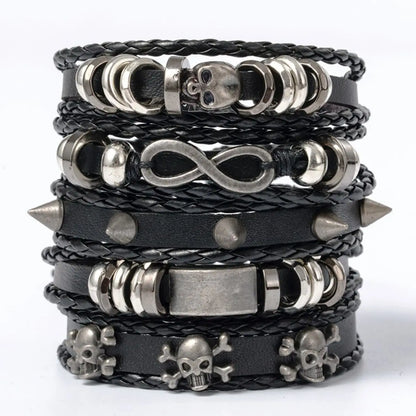 Punk Skull & Star Bracelet Set | 6pcs Unisex Alloy & PU Leather Chain Bracelets
