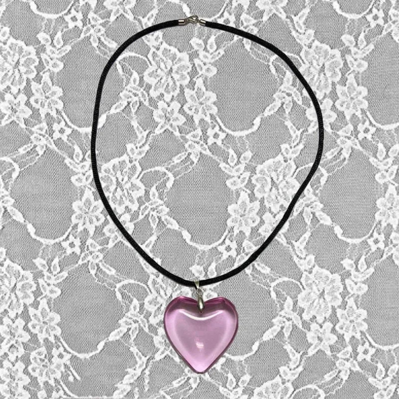 Women's Big Red Glass Heart Pendant Necklace | Y2K Crystal Stone Jewelry with Black String