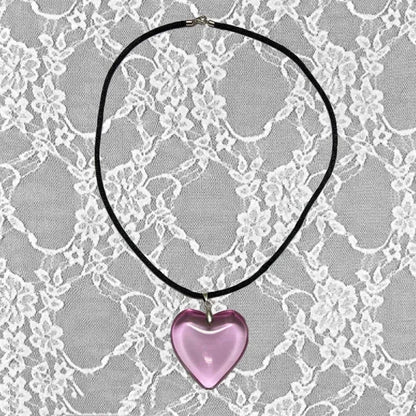 Women's Big Red Glass Heart Pendant Necklace | Y2K Crystal Stone Jewelry with Black String