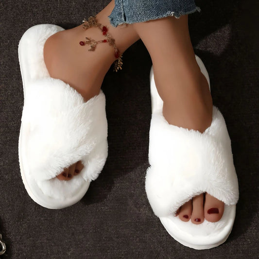 Cross Strap Fluffy Fur Slides for Women