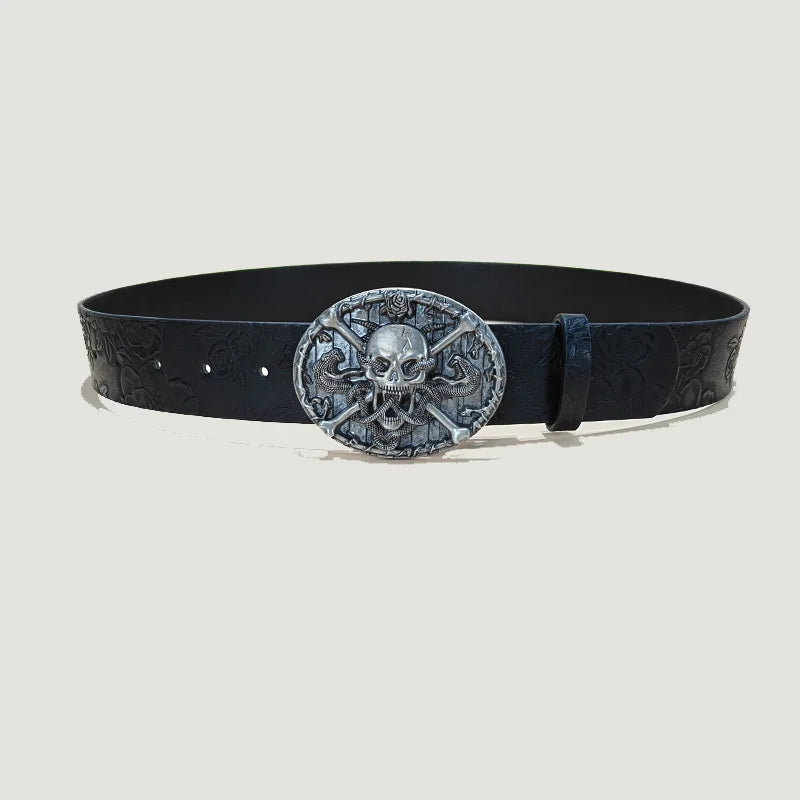 Men's Gothic Punk Skull Embossed Leather Belt Skeleton Reaper and Snake Designs