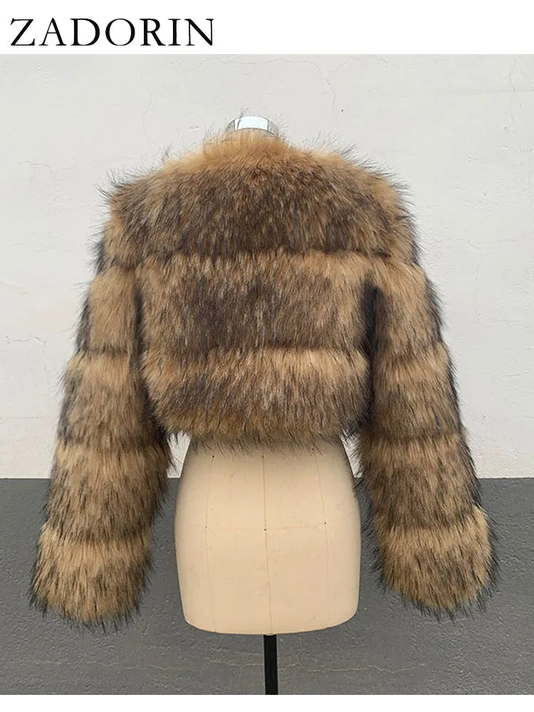 Cropped Faux Raccoon Fur Jacket for Women