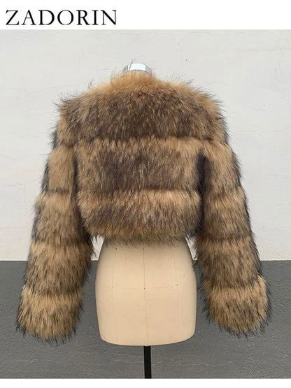 Cropped Faux Raccoon Fur Jacket for Women