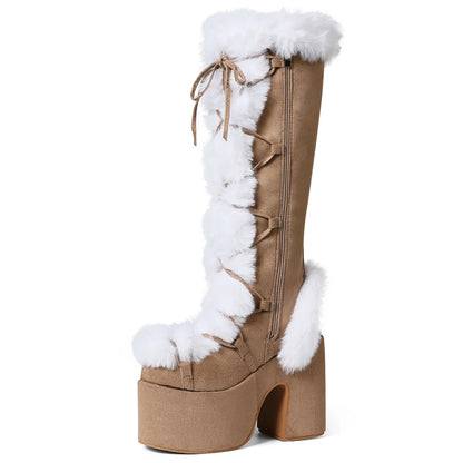 Faux Fur Trim Platform Knee High Boots for Women