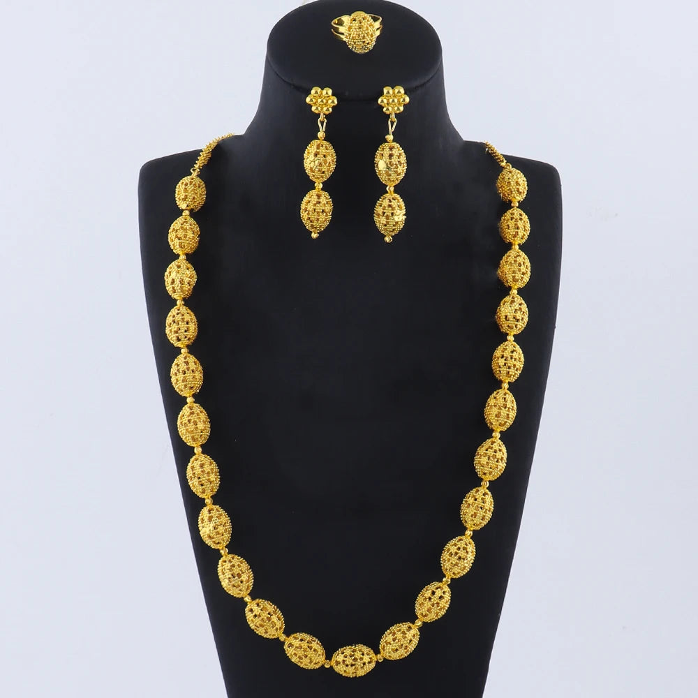 Women's Indian African Ethiopian Jewelry Set | Gold Color Hollow Oval Necklace, Earrings & Ring