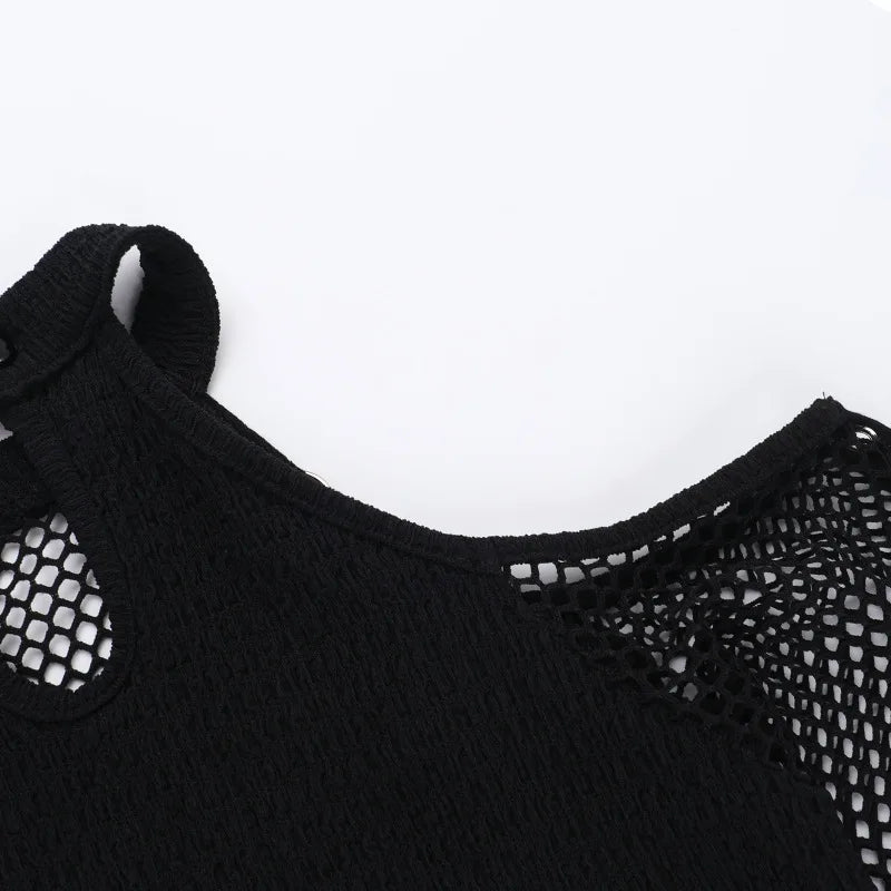 Women's Goth Dark Punk Fishnet Patchwork Off-Shoulder T-Shirt | Halter Crop Top Mall Gothic Streetwear