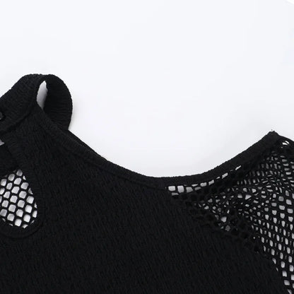 Women's Goth Dark Punk Fishnet Patchwork Off-Shoulder T-Shirt | Halter Crop Top Mall Gothic Streetwear