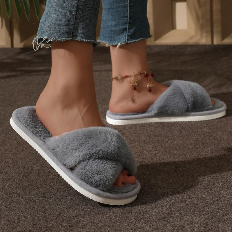 Cross Strap Fluffy Fur Slides for Women