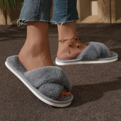 Cross Strap Fluffy Fur Slides for Women