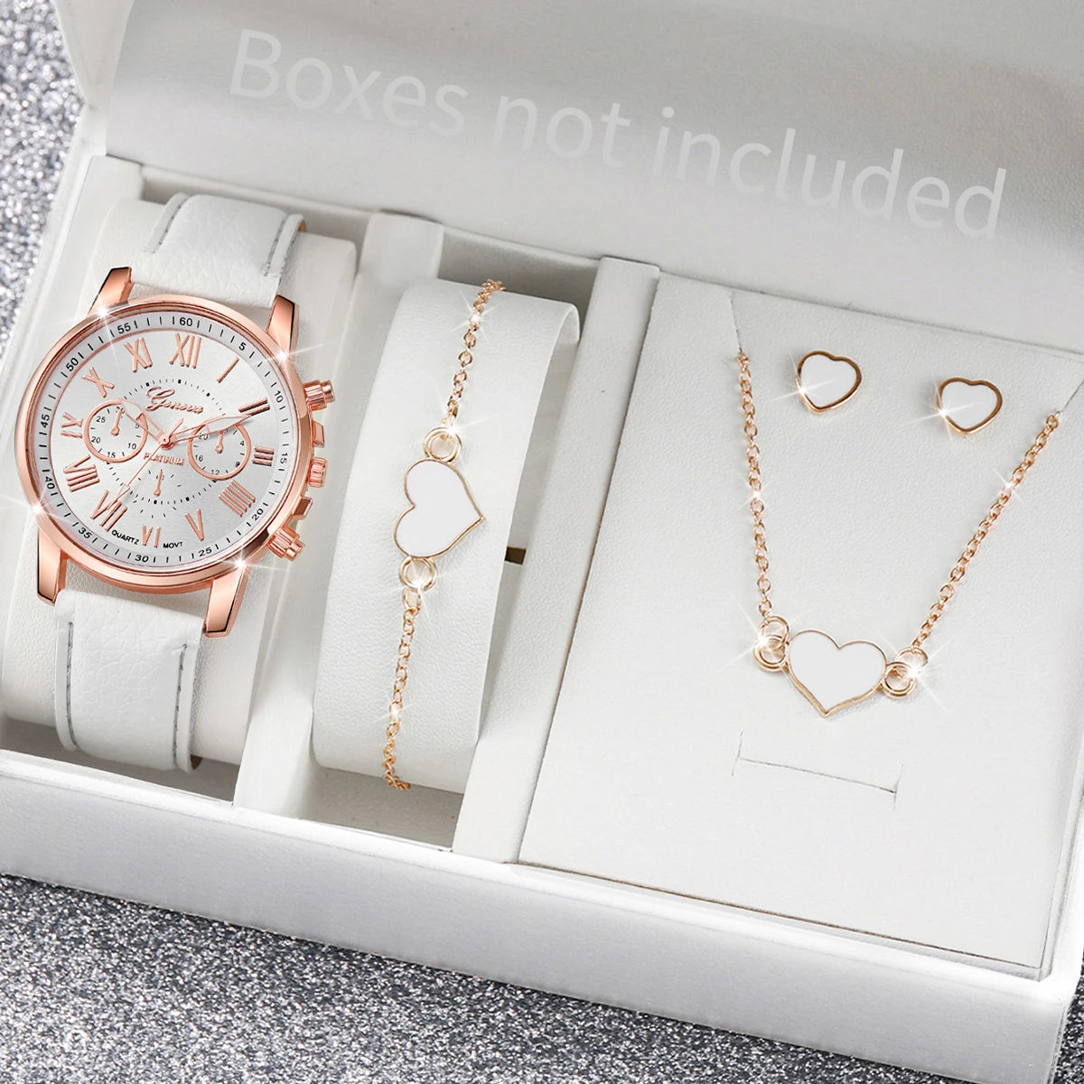 Women's Fashion Quartz Watch & Jewelry Set | 5/6pcs Heart Rhinestone Leather Band Wristwatch