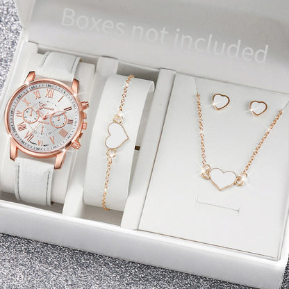 Women's Fashion Quartz Watch & Jewelry Set | 5/6pcs Heart Rhinestone Leather Band Wristwatch