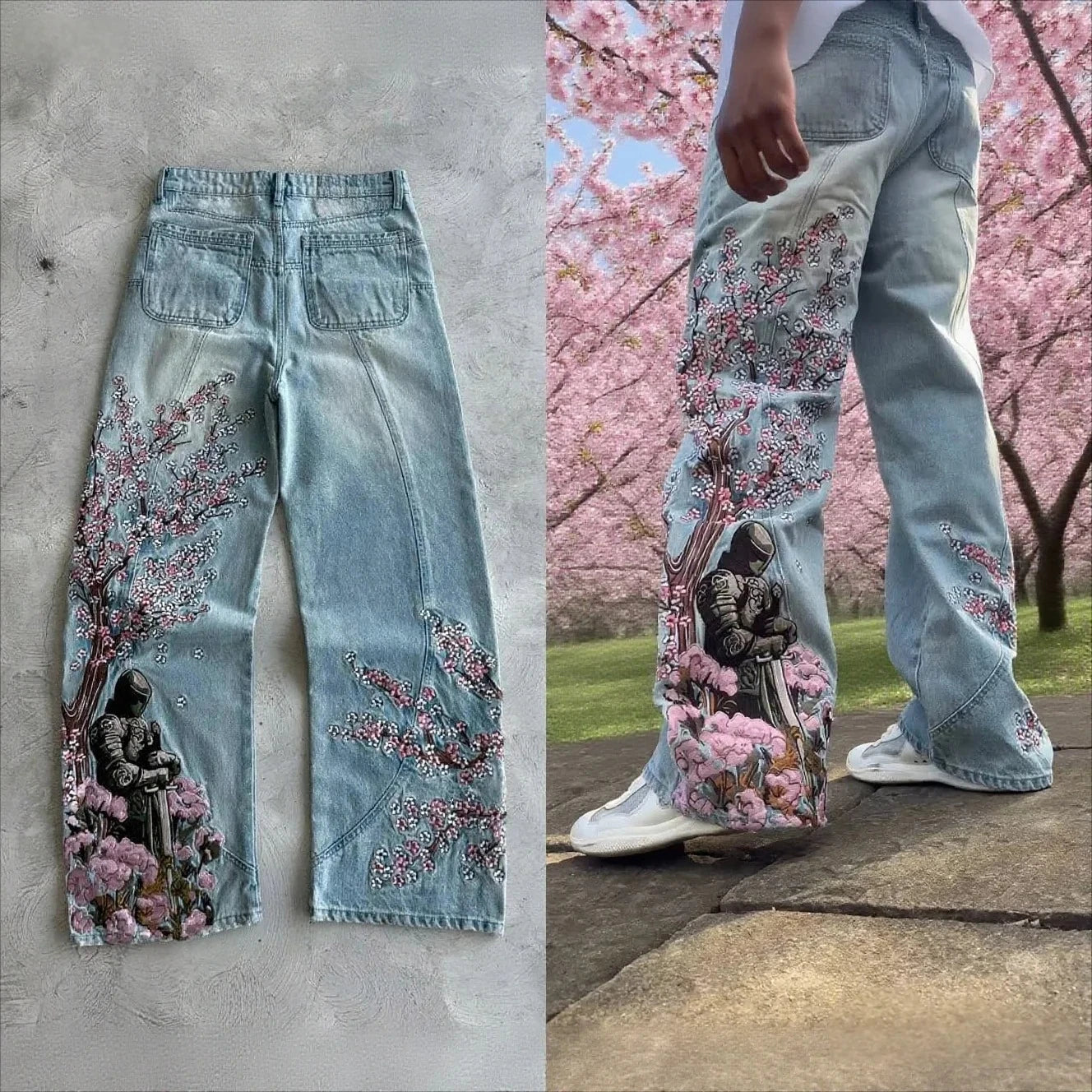 Cherry Blossom Embroidery Baggy Jeans for Men