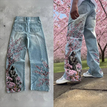 Cherry Blossom Embroidery Baggy Jeans for Men