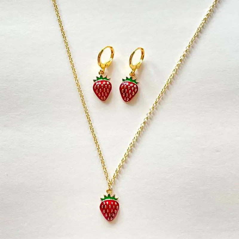 Women's Strawberry Necklace & Earring Set | Y2K Indie Jewelry for a Sweet, Playful Look