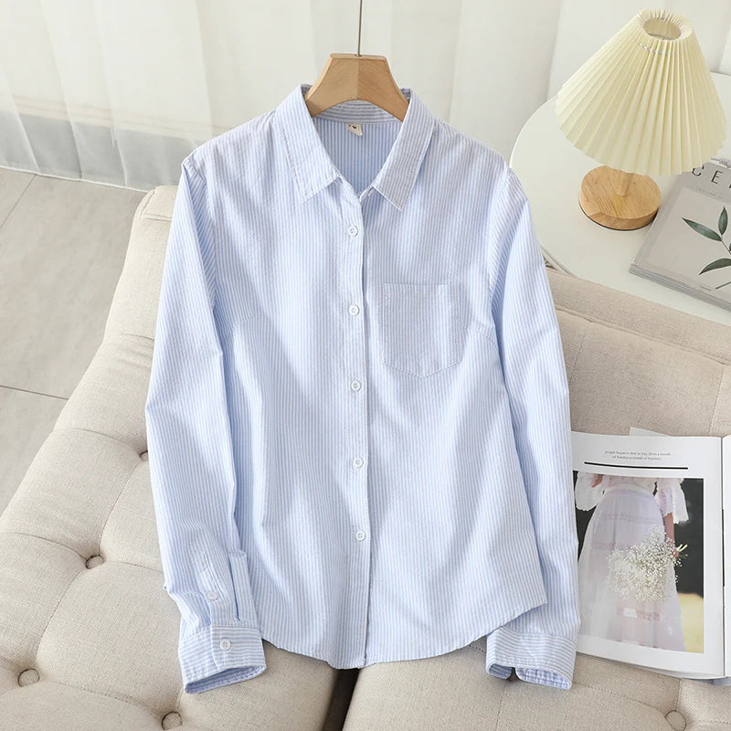 Women's Casual Cotton Oxford Shirt | Autumn Striped Blue & White Blouse & Top