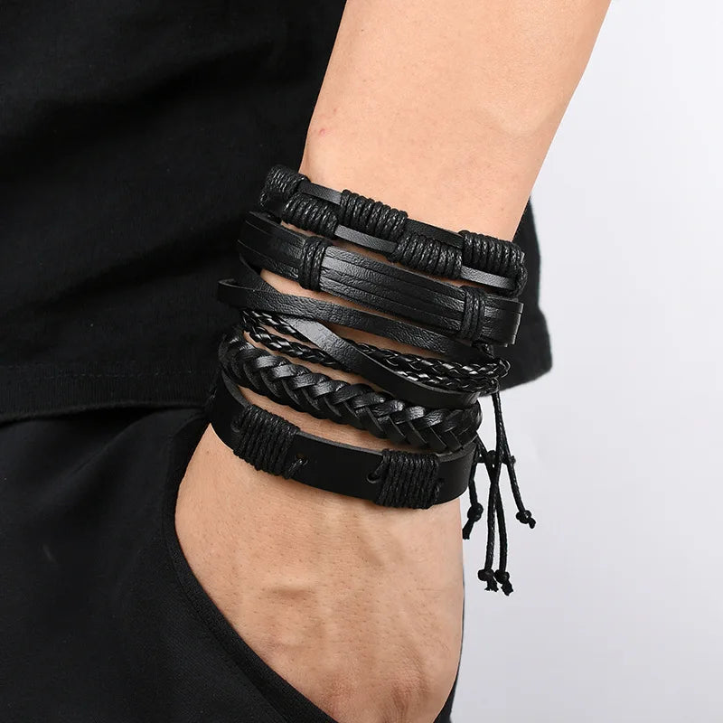 Men's Viking Leather Bracelet Woven Skull Adjustable Cuff