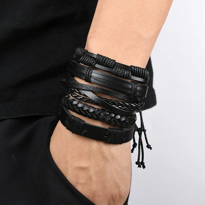 Men's Viking Leather Bracelet Woven Skull Adjustable Cuff