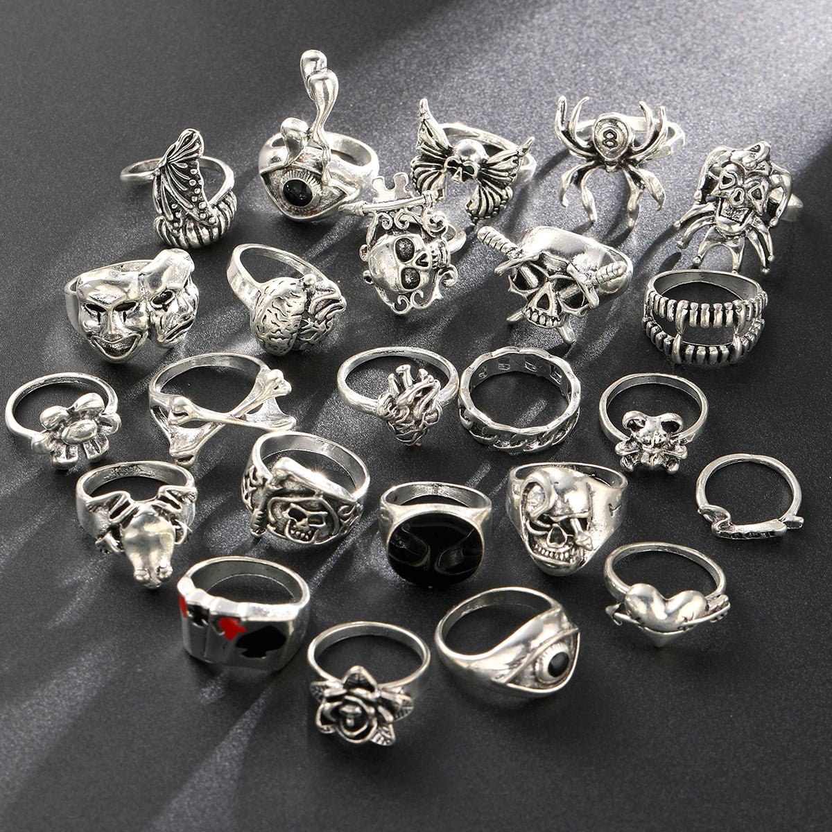 24 Piece Gothic Punk Ring Set for Men Skeleton Butterfly and Frog Jewelry